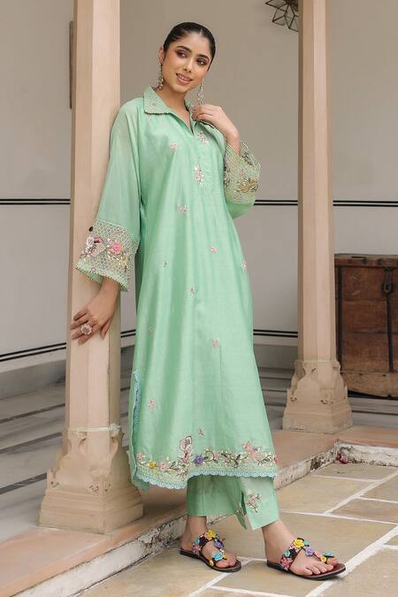 Buy_Label Niti Bothra_Green Silk, Chanderi Beads, Fabric Flowers Floral Embroidered Kurta Set