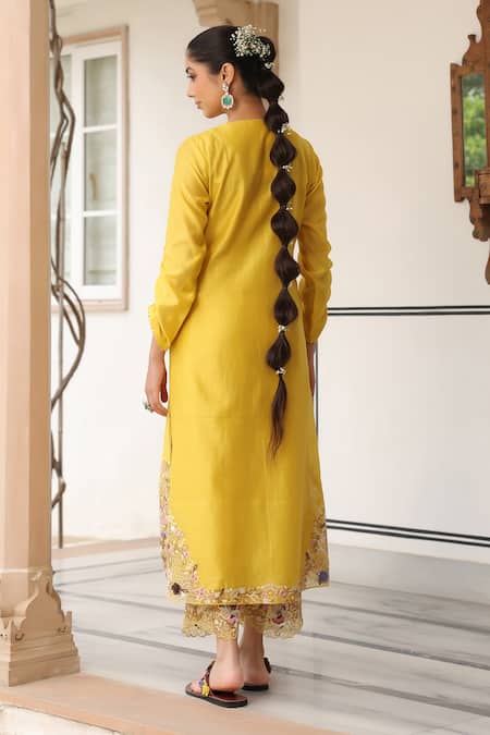 Shop_Label Niti Bothra_Yellow Silk, Chanderi Embroidery, Beads Round Neck Kurta Set _at_Aza_Fashions