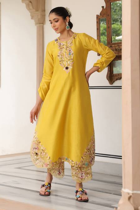 Shop_Label Niti Bothra_Yellow Silk, Chanderi Embroidery, Beads Round Neck Kurta Set _Online_at_Aza_Fashions