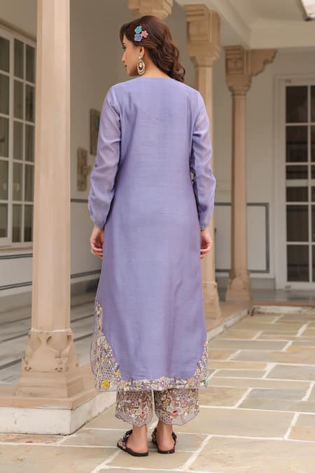 Shop_Label Niti Bothra_Purple Silk, Chanderi Beads, Fabric Flowers, Embroidery Round Floral Kurta Set _at_Aza_Fashions