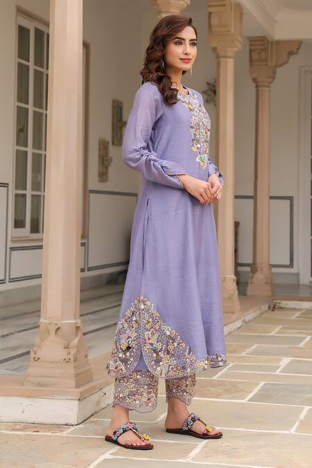 Label Niti Bothra_Purple Silk, Chanderi Beads, Fabric Flowers, Embroidery Round Floral Kurta Set _Online_at_Aza_Fashions