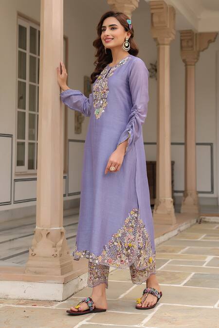 Buy_Label Niti Bothra_Purple Silk, Chanderi Beads, Fabric Flowers, Embroidery Round Floral Kurta Set _Online_at_Aza_Fashions