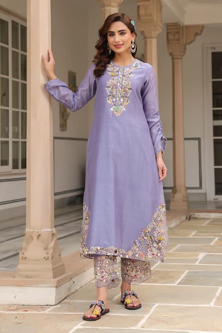 Shop_Label Niti Bothra_Purple Silk, Chanderi Beads, Fabric Flowers, Embroidery Round Floral Kurta Set _Online_at_Aza_Fashions