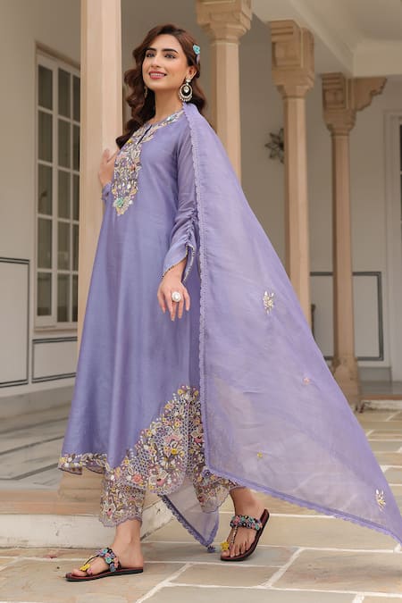 Label Niti Bothra_Purple Silk, Chanderi Beads, Fabric Flowers, Embroidery Round Floral Kurta Set _at_Aza_Fashions
