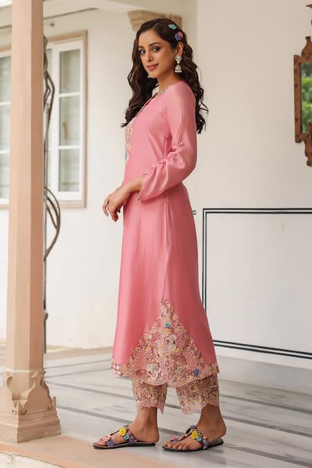 Label Niti Bothra_Pink Silk, Chanderi Beads Round Neck Floral Thread Work Kurta Set _Online_at_Aza_Fashions