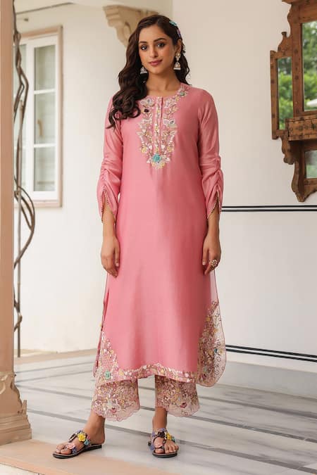 Buy_Label Niti Bothra_Pink Silk, Chanderi Beads Round Neck Floral Thread Work Kurta Set _Online_at_Aza_Fashions