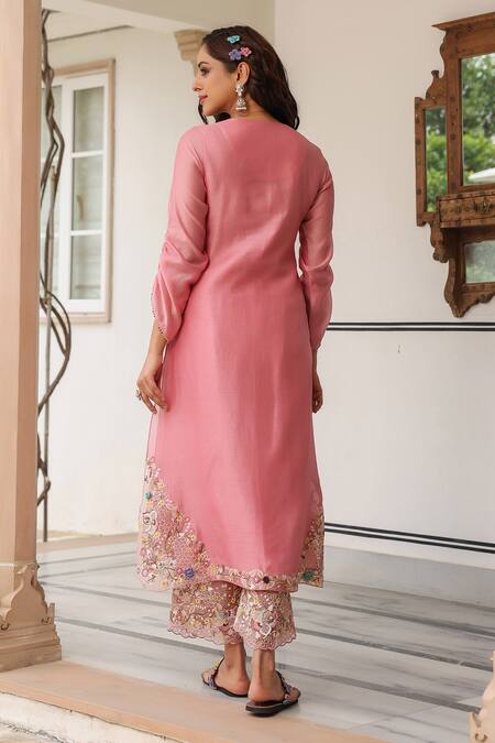 Shop_Label Niti Bothra_Pink Silk, Chanderi Beads Round Neck Floral Thread Work Kurta Set _at_Aza_Fashions