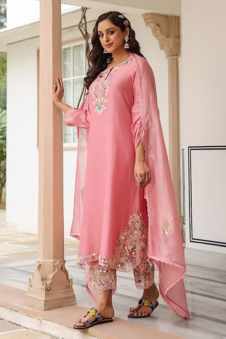 Shop_Label Niti Bothra_Pink Silk, Chanderi Beads Round Neck Floral Thread Work Kurta Set _Online_at_Aza_Fashions