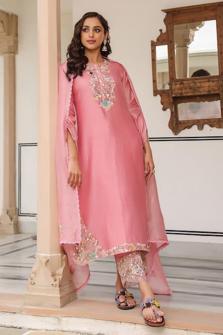 Label Niti Bothra_Pink Silk, Chanderi Beads Round Neck Floral Thread Work Kurta Set _at_Aza_Fashions