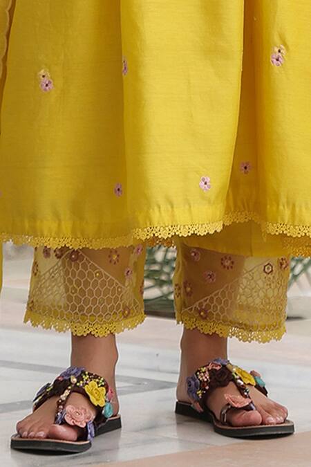 Label Niti Bothra Yellow Chanderi Silk Embroidery, Sequins, Lace V-neck Anarkali With Pant Online at Aza Fashions Label Niti Bothra_Yellow Chanderi Silk Embroidery, Sequins, Lace V-neck Anarkali With Pant _Online_at_Aza_Fashions