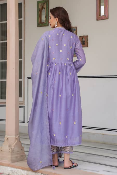 Shop_Label Niti Bothra_Lilac Silk, Chanderi Beads, Embroidery V-neck Anarkali Kurta Set _at_Aza_Fashions