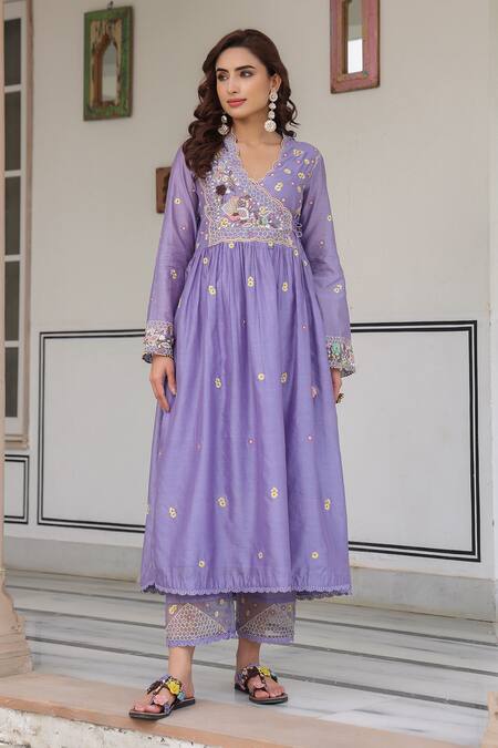 Shop_Label Niti Bothra_Lilac Silk, Chanderi Beads, Embroidery V-neck Anarkali Kurta Set _Online_at_Aza_Fashions