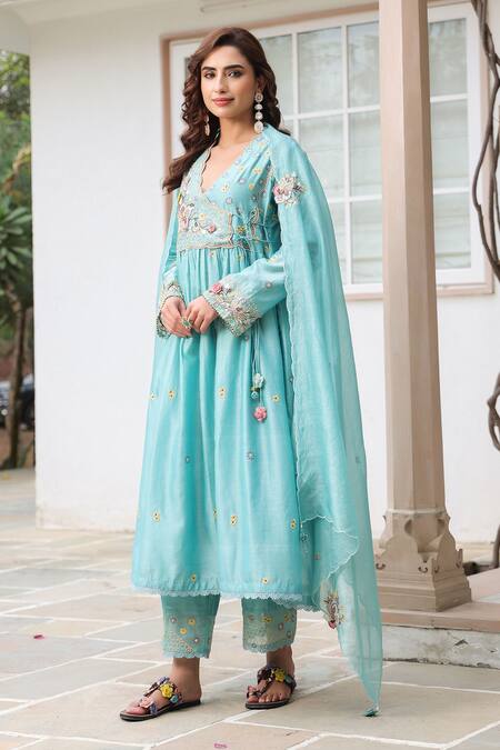 Buy_Label Niti Bothra_Blue Cotton Embroidery V-neck Floral Anarkali Kurta Set _Online_at_Aza_Fashions