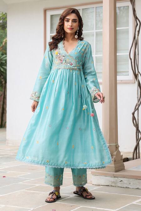 Shop_Label Niti Bothra_Blue Cotton Embroidery V-neck Floral Anarkali Kurta Set _Online_at_Aza_Fashions