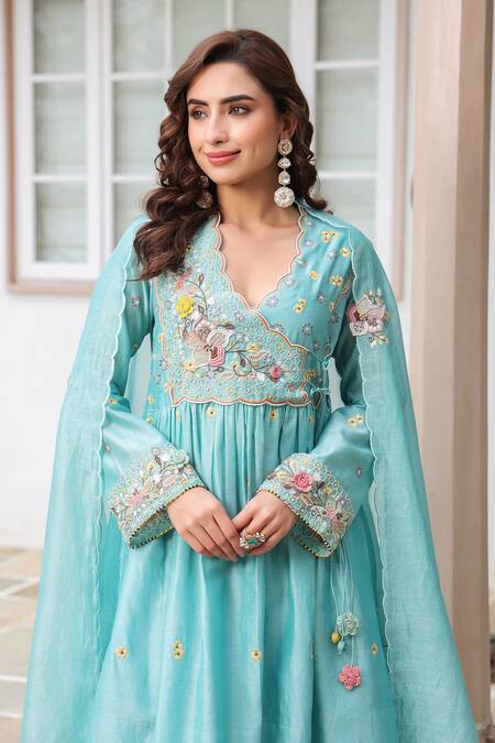 Label Niti Bothra_Blue Cotton Embroidery V-neck Floral Anarkali Kurta Set _at_Aza_Fashions