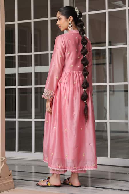 Label Niti Bothra_Pink Silk, Chanderi Beads, Fabric Flowers, Embroidery Split Anarkali Kurta Set _Online_at_Aza_Fashions