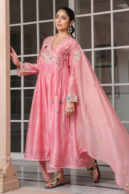 Shop_Label Niti Bothra_Pink Silk, Chanderi Beads, Fabric Flowers, Embroidery Split Anarkali Kurta Set _at_Aza_Fashions