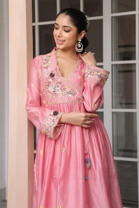 Buy_Label Niti Bothra_Pink Silk, Chanderi Beads, Fabric Flowers, Embroidery Split Anarkali Kurta Set _Online_at_Aza_Fashions