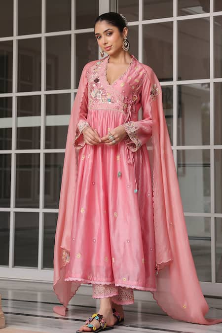 Shop_Label Niti Bothra_Pink Silk, Chanderi Beads, Fabric Flowers, Embroidery Split Anarkali Kurta Set _Online_at_Aza_Fashions