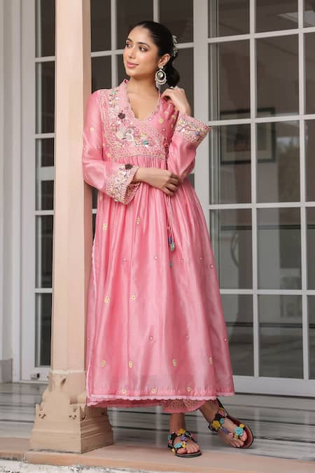 Label Niti Bothra_Pink Silk, Chanderi Beads, Fabric Flowers, Embroidery Split Anarkali Kurta Set _at_Aza_Fashions