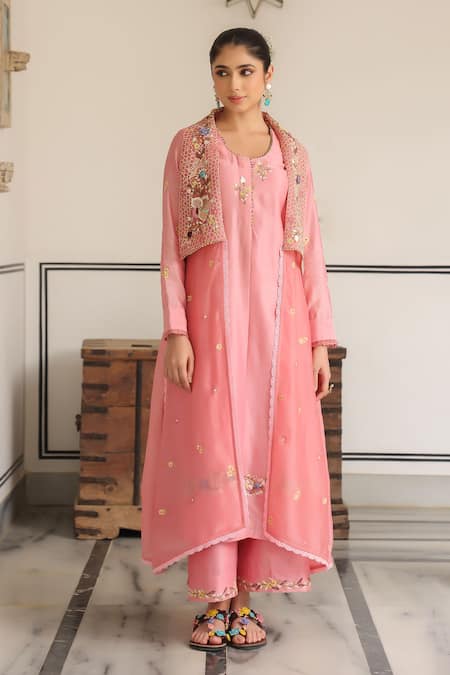 Label Niti Bothra_Pink Cotton Sequins, Embroidery Round Neck Floral Jacket Kurta Set _Online_at_Aza_Fashions