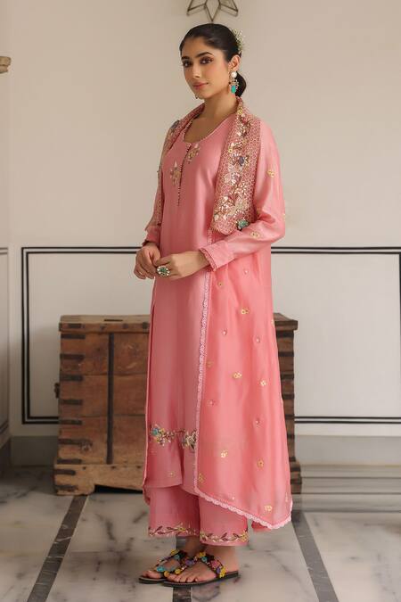 Buy_Label Niti Bothra_Pink Cotton Sequins, Embroidery Round Neck Floral Jacket Kurta Set _Online_at_Aza_Fashions