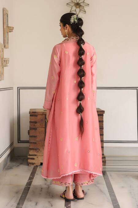 Shop_Label Niti Bothra_Pink Cotton Sequins, Embroidery Round Neck Floral Jacket Kurta Set _at_Aza_Fashions