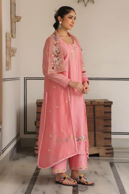 Shop_Label Niti Bothra_Pink Cotton Sequins, Embroidery Round Neck Floral Jacket Kurta Set _Online_at_Aza_Fashions