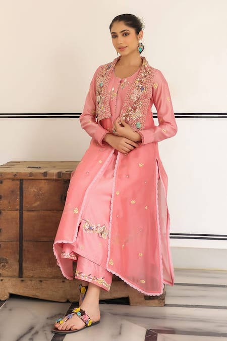 Label Niti Bothra_Pink Cotton Sequins, Embroidery Round Neck Floral Jacket Kurta Set _at_Aza_Fashions