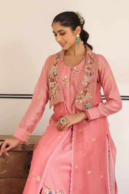 Buy_Label Niti Bothra_Pink Cotton Sequins, Embroidery Round Neck Floral Jacket Kurta Set 