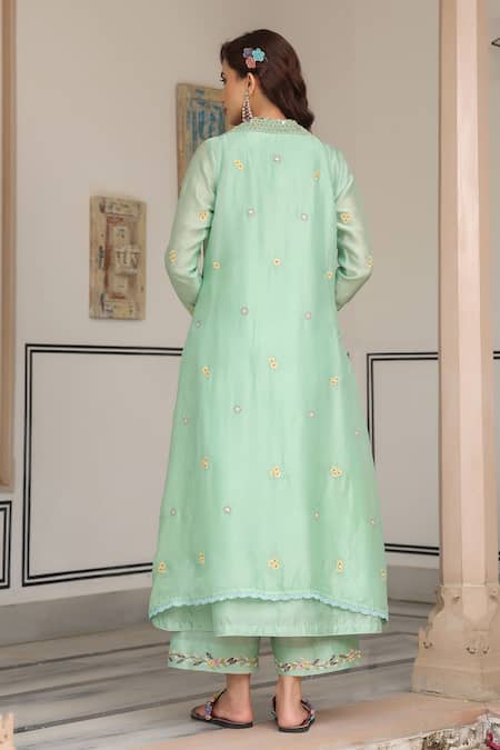 Shop_Label Niti Bothra_Green Cotton, Georgette Embroidery Round Neck, Open Floral Jacket Kurta Set _at_Aza_Fashions