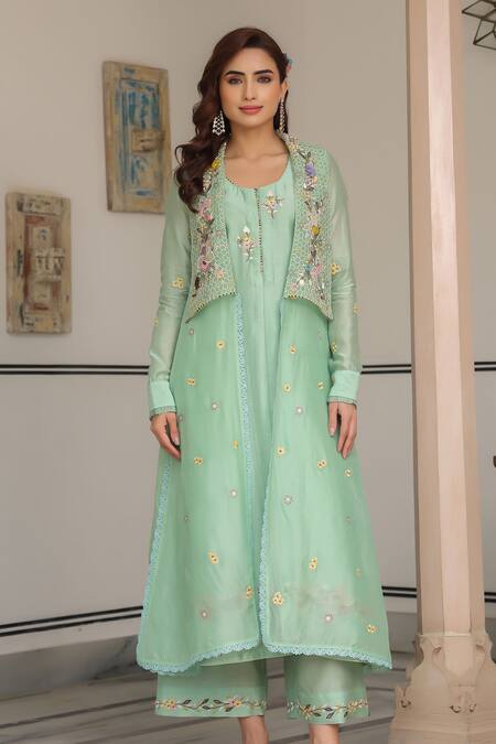Label Niti Bothra_Green Cotton, Georgette Embroidery Round Neck, Open Floral Jacket Kurta Set _Online_at_Aza_Fashions