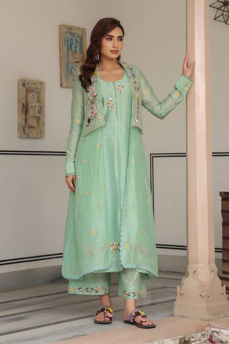 Buy_Label Niti Bothra_Green Cotton, Georgette Embroidery Round Neck, Open Floral Jacket Kurta Set _Online_at_Aza_Fashions
