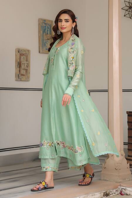 Shop_Label Niti Bothra_Green Cotton, Georgette Embroidery Round Neck, Open Floral Jacket Kurta Set _Online_at_Aza_Fashions