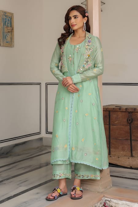 Label Niti Bothra_Green Cotton, Georgette Embroidery Round Neck, Open Floral Jacket Kurta Set _at_Aza_Fashions