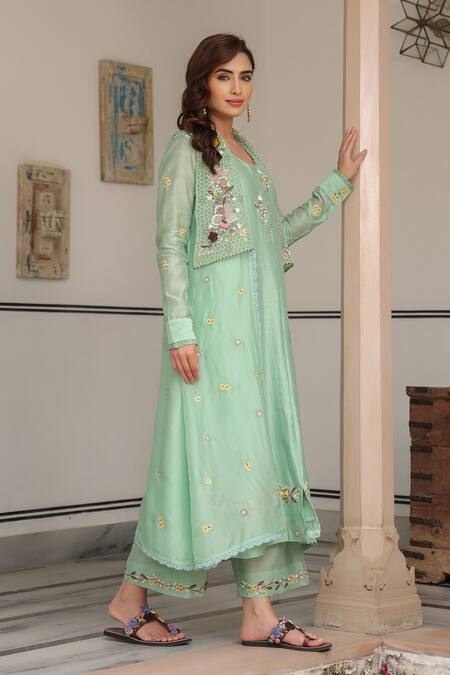 Buy_Label Niti Bothra_Green Cotton, Georgette Embroidery Round Neck, Open Floral Jacket Kurta Set 