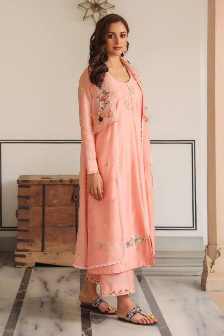 Label Niti Bothra_Peach Cotton Embroidery Round Neck Floral Kurta Set _Online_at_Aza_Fashions