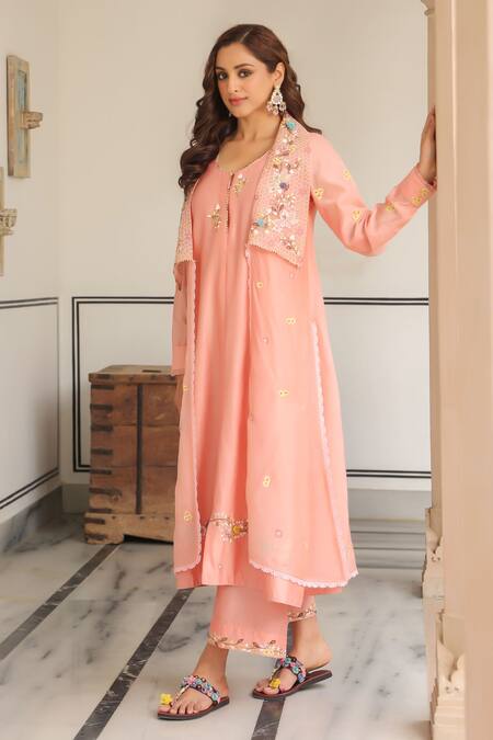 Shop_Label Niti Bothra_Peach Cotton Embroidery Round Neck Floral Kurta Set _Online_at_Aza_Fashions