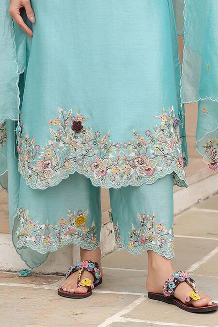 Label Niti Bothra Blue Silk, Chanderi Beads, Fabric Flowers, Embroidery V-neck Floral Kurta Set Online at Aza Fashions Label Niti Bothra_Blue Silk, Chanderi Beads, Fabric Flowers, Embroidery V-neck Floral Kurta Set _Online_at_Aza_Fashions