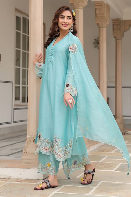 Shop_Label Niti Bothra_Blue Silk, Chanderi Beads, Fabric Flowers, Embroidery V-neck Floral Kurta Set _at_Aza_Fashions