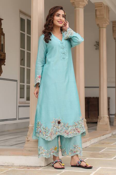 Shop_Label Niti Bothra_Blue Silk, Chanderi Beads, Fabric Flowers, Embroidery V-neck Floral Kurta Set _Online_at_Aza_Fashions