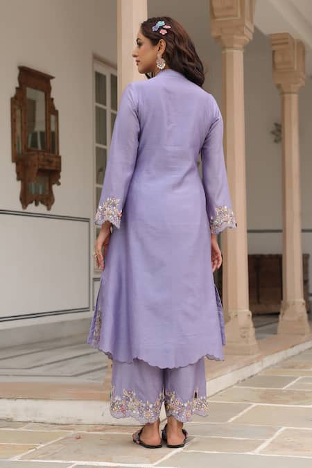 Shop_Label Niti Bothra_Purple Silk, Chanderi Beads, Embroidery V-neck Floral Threadwork Kurta Set _at_Aza_Fashions