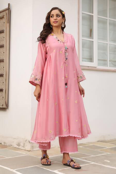 Label Niti Bothra_Pink Cotton Beads, Embroidery V-neck Floral Anarkali Set _Online_at_Aza_Fashions