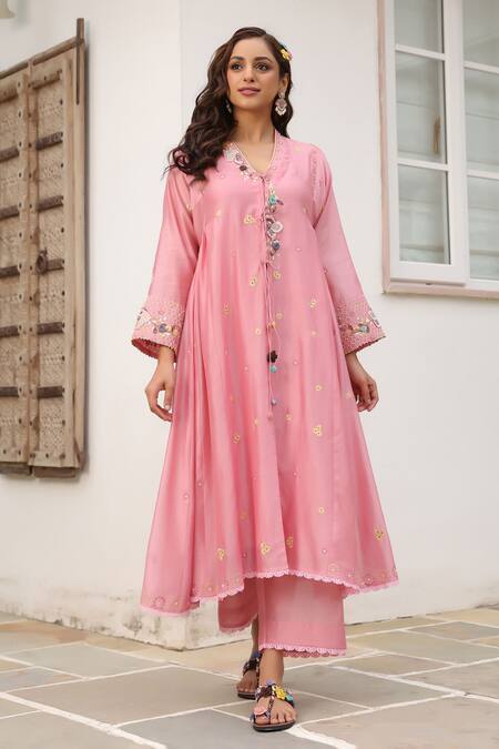 Buy_Label Niti Bothra_Pink Cotton Beads, Embroidery V-neck Floral Anarkali Set _Online_at_Aza_Fashions
