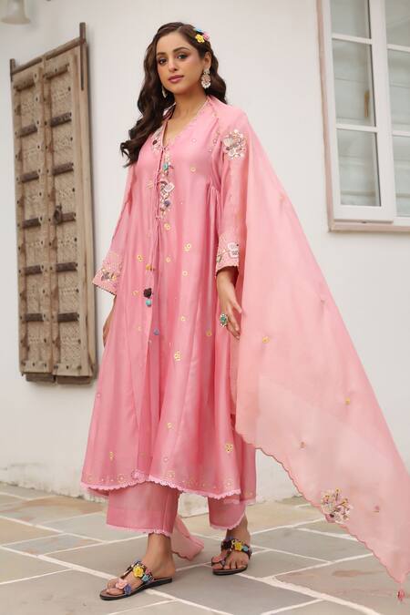 Shop_Label Niti Bothra_Pink Cotton Beads, Embroidery V-neck Floral Anarkali Set _Online_at_Aza_Fashions