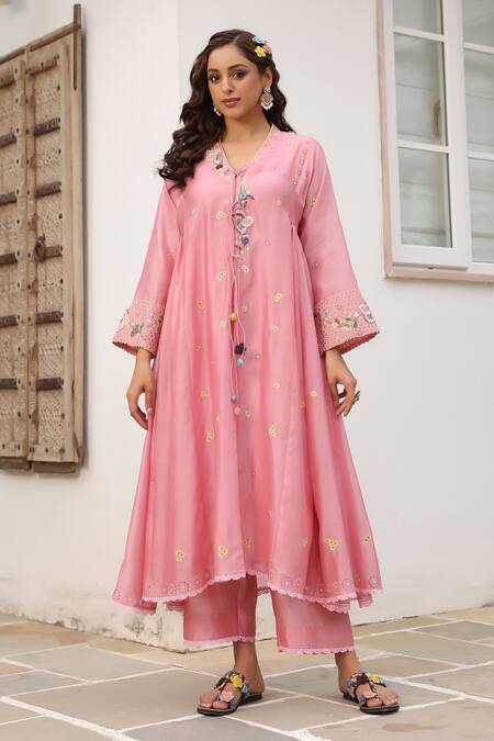 Label Niti Bothra_Pink Cotton Beads, Embroidery V-neck Floral Anarkali Set _at_Aza_Fashions
