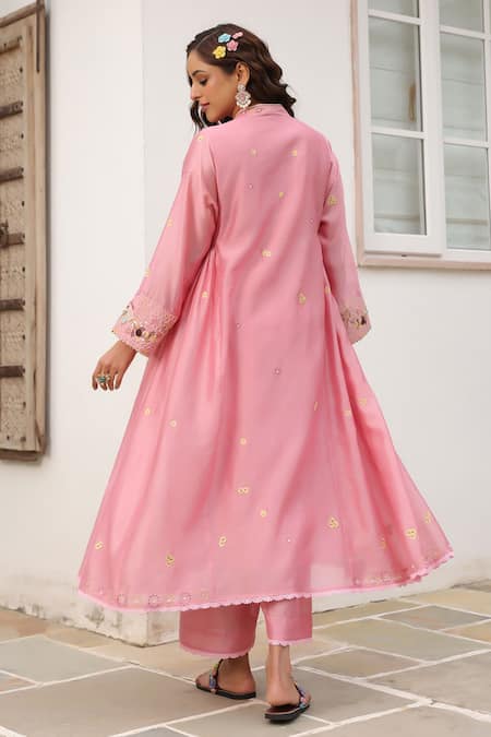 Shop_Label Niti Bothra_Pink Cotton Beads, Embroidery V-neck Floral Anarkali Set _at_Aza_Fashions