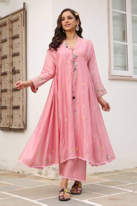 Buy_Label Niti Bothra_Pink Cotton Beads, Embroidery V-neck Floral Anarkali Set 