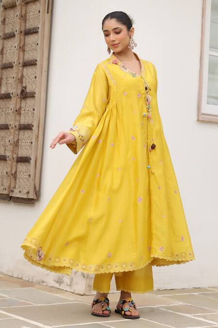 Buy_Label Niti Bothra_Yellow Cotton Embroidery V-neck Floral Anarkali Set _Online_at_Aza_Fashions