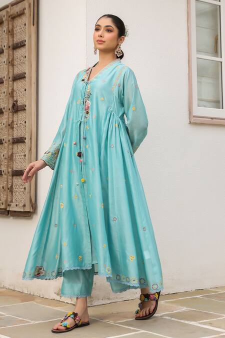 Label Niti Bothra_Blue Cotton Pom-poms, Embroidery, Tassels V-neck Floral Anarkali Set _Online_at_Aza_Fashions